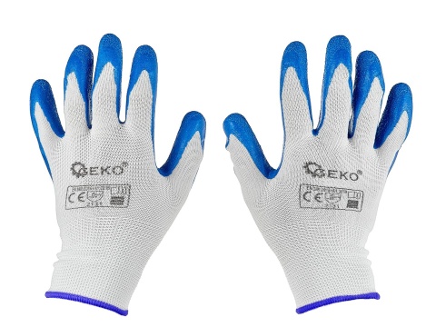 Rękawice ochronne poliestrowe r. 11 /latex biało-niebieskie/ (12/240)