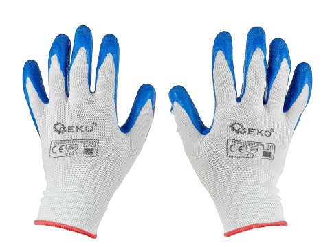 Rękawice ochronne poliestrowe r. 7 /latex biało-niebieskie/ (12/240)