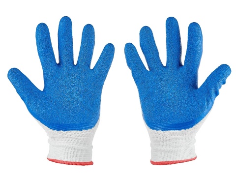Rękawice ochronne poliestrowe r. 7 /latex biało-niebieskie/ (12/240)