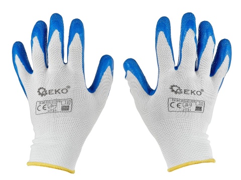 Rękawice ochronne poliestrowe r. 8 /latex biało-niebieskie/ (12/240)