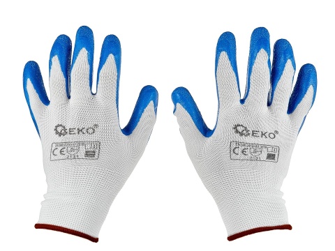 Rękawice ochronne poliestrowe r. 9 /latex biało-niebieskie/ (12/240)