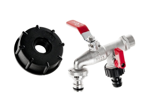 Zestaw - IBC nakrętka S60x6 + kran 1/2" podwójny z wyjściami na GZ 3/4" + dwa nyple do szybkozłączy - mauser (30)