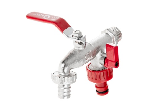 Zestaw - kran 1/2" podwójny z wyjściami na GZ 3/4" + wtyk na wąż 1/2" + nypel do szybkozłącza - mauser (40)