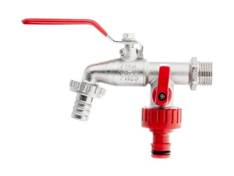 Zestaw - kran 1/2" podwójny z wyjściami na GZ 3/4" + wtyk na wąż 1/2" + nypel do szybkozłącza - mauser (40)