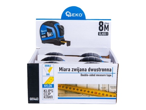 Miara zwijana nylon dwustronna z autostopem 8m/25mm KLASA I - kartonik wystawowy (6/60)