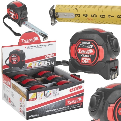 Miara zwijana nylon dwustronna z magnesem i autostopem 5m/25mm KLASA I - kartonik wystawowy (6/60)