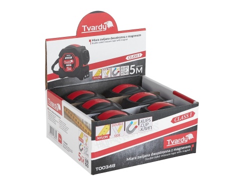 Miara zwijana nylon dwustronna z magnesem i autostopem 5m/25mm KLASA I - kartonik wystawowy (6/60)