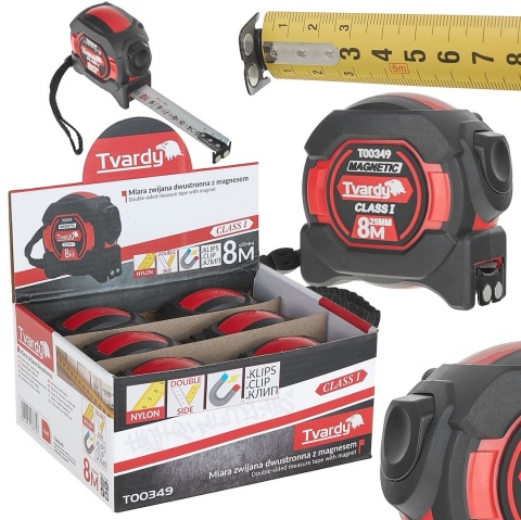 Miara zwijana nylon dwustronna z magnesem i autostopem 8m/25mm KLASA I - kartonik wystawowy (6/60)