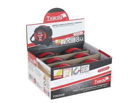 Miara zwijana nylon dwustronna z magnesem i autostopem 8m/25mm KLASA I - kartonik wystawowy (6/60)