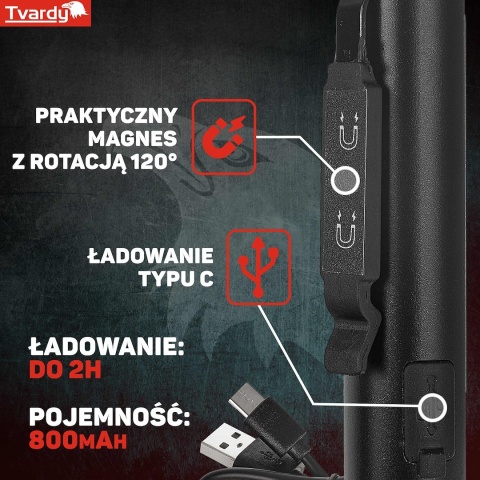 Lampa warsztatowa inspekcyjna z magnesem LED COB 5W + 3W UV laser 800mAh 400lm IP44 (100)