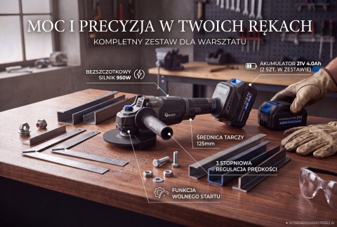 Szlifierka kątowa akumulatorowa bezszczotkowa 125mm 950W 2x4.0Ah 21V (5)