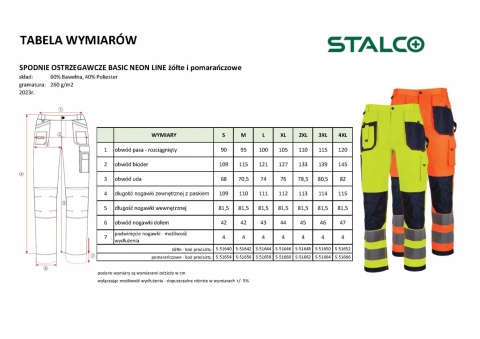 SPODNIE ROBOCZE OSTRZEGAWCZE BASIC NEON LINE POMARAŃCZOWE M STALCO S-51656