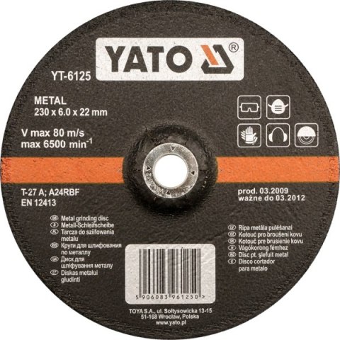 YATO TARCZA DO SZLIFOWANIA METALU 125x6,0x22mm 6124 YATO
