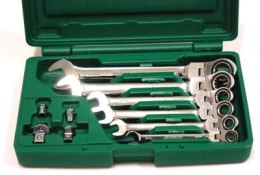 JONNESWAY KLUCZE PŁASKO-OCZKOWE Z GRZECHOTKĄ PRZEGUBOWE KOMPLET 6 szt. + ADAPTERY JONNESWAY