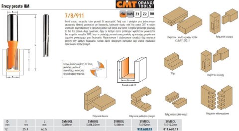 CMT FREZ PPROSTY KRÓTKI HM D=12 I=25,4 L=63,5 S=12%%% CMT