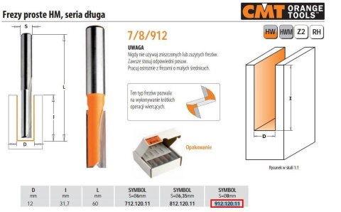 CMT FREZ PROSTY DŁUGI HM D=12 I=31,7 L=60 S=8 CMT