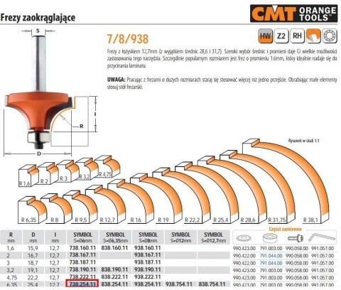CMT FREZ ZAOKRĄGLAJĄCY Z ŁOŻYSKIEM HM R= 6,35 D=25,4 I=12,7 S=6... CMT