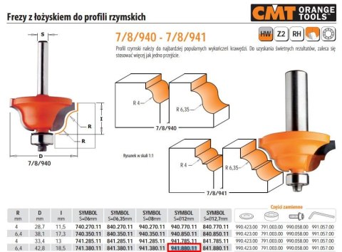 CMT FREZ DO PROFILI RZYMSKICH Z ŁOŻYSKIEM HM R= 6,4 D=42,8 I=18,5 S=12 CMT