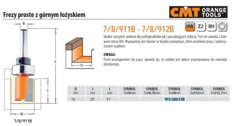 CMT FREZ PROSTY HM D=16 I=20 L=57 S=8 Z GÓRNYM ŁOŻYSKIEM CMT