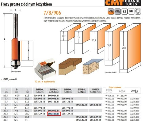 CMT FREZ PROSTY Z ŁOŻYSKIEM DOLNYM HM I=25,4 D=12,7 S=6,35 CMT