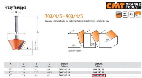 CMT FREZ DO FAZOWANIA, SKOSÓW HM A=45 D=25 I=8 L=41 S=8. CMT