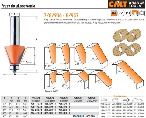 CMT FREZ DO UKOSOWANIA Z ŁOŻYSKIEM HM A=45 D=45 I=18 S=12%%% CMT