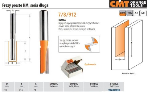 CMT FREZ PROSTY DŁUGI HM D=10 I=31,7 L=74 S=12 CMT
