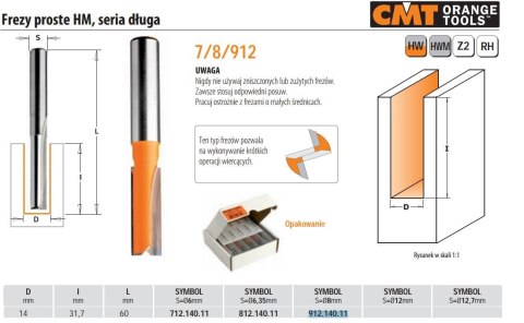 CMT FREZ PROSTY DŁUGI HM D=14 I=31,7 L=60 S=8 CMT
