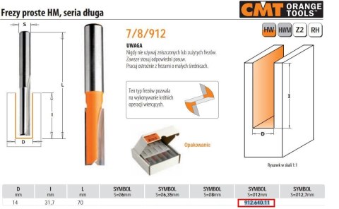 CMT FREZ PROSTY DŁUGI HM D=14 I=31,7 L=70 S=12 CMT
