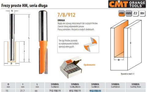 CMT FREZ PROSTY DŁUGI HM D=15 I=31,7 L=60 S=8 CMT