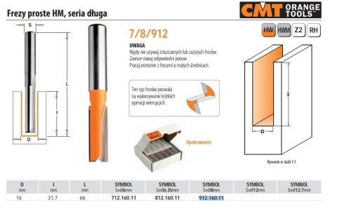 CMT FREZ PROSTY DŁUGI HM D=16 I=31,7 L=66 S=8 CMT