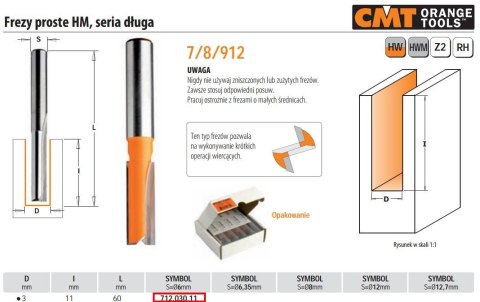 CMT FREZ PROSTY DŁUGI HM D= 3 I=11 L=60 S=6 CMT