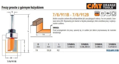 CMT FREZ PROSTY HM D=19 I=50,8 S=12 Z GÓRNYM ŁOŻYSKIEM CMT