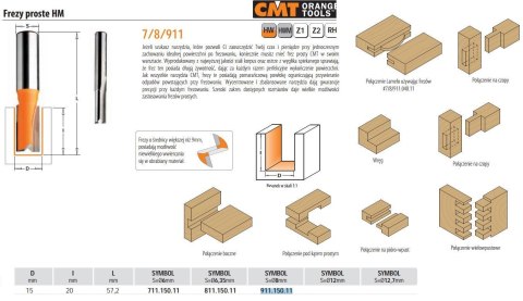 CMT FREZ PROSTY KRÓTKI HM D=15 I=20 L=57,2 S=8 CMT