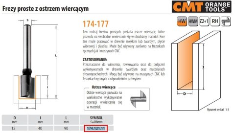 CMT FREZ PROSTY WIERCĄCY HM D=12 I=40 L=90 S=8 CMT