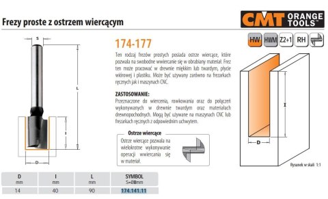 CMT FREZ PROSTY WIERCĄCY HM D=14 I=40 L=90 S=8 CMT