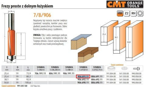 CMT FREZ PROSTY Z ŁOŻYSKIEM DOLNYM HM I=25,4 D=19 S=12 CMT