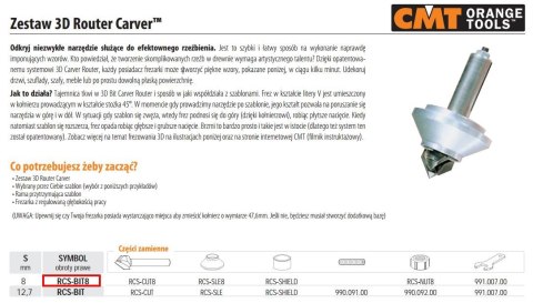 CMT FREZ RZEŹBIĄCY 3D / ZESTAW 3D ROUTER CARVER TRZPIEŃ=8mm CMT