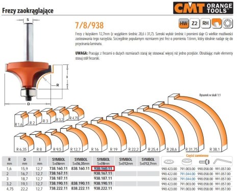 CMT FREZ ZAOKRĄGLAJĄCY Z ŁOŻYSKIEM HM R= 1,6 D=15,9 I=12,7 S=8 CMT