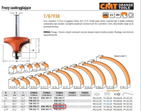 CMT FREZ ZAOKRĄGLAJĄCY Z ŁOŻYSKIEM HM R=3,2 D=19,1 I=12,7 S=8 CMT