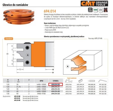 CMT GŁOWICA DO RAMEK NA WYMIENNE NOŻE D=120 I=40 F=30 RPM=6400-10500 CMT
