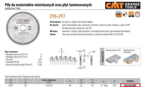CMT PIŁA DO CIĘCIA MATERIAŁÓW NIEŻELAZNYCH,PCV ORAZ PŁYT LAMINOWANYCH HW D=160 F=20 Z=40 K=2,2/1,6 CMT