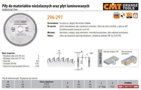 CMT PIŁA DO CIĘCIA MATERIAŁÓW NIEŻELAZNYCH,PCV ORAZ PŁYT LAMINOWANYCH HW D=160 F=20 Z=56 K=2,2/1,6 CMT