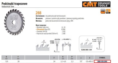 CMT PODCINAK TRAPEZOWY HM D=125 F=20 Z=24 K=3,1-4 LAMINAT, MDF CMT
