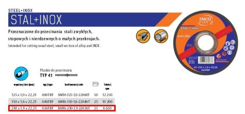 INCOFLEX TARCZA DO METALU 230 x 1,9mm INOX INCOFLEX