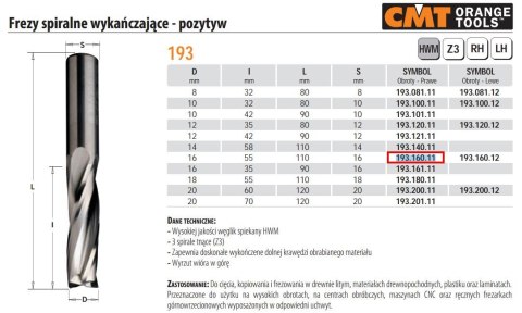 CMT FREZ SPIRALNY WYKAŃCZAJĄCY D=16 I=55 L=110 Z=3 S=16 WYSOKOOBROTOWY CMT