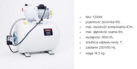 NAC HYDROFOR 1200W ZBIORNIK 50L 3600 l/h NAC