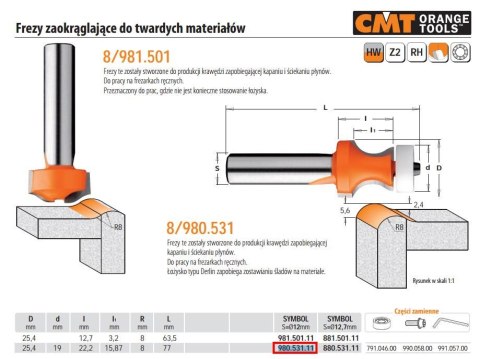 CMT FREZ ZAOKRĄGLAJĄCY DO TWARDYCH MATERIAŁÓW HM R= 8D=25,4 I=22,2B=15,87S=12 ŁOŻYSKO%%% CMT