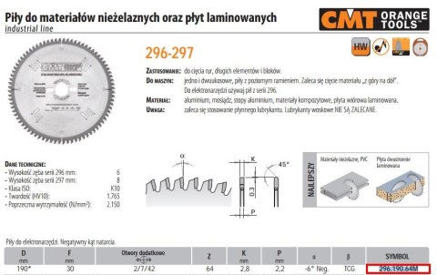 CMT PIŁA DO CIĘCIA MATERIAŁÓW NIEŻELAZNYCH,PCV ORAZ PŁYT LAMINOWANYCH HW D=190 F=30 Z=64 K=2,8/2,2 CMT