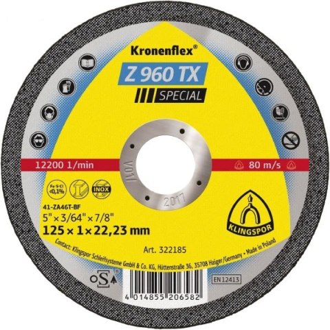 KLINGSPOR TARCZA DO CIĘCIA METALU 125mm x 1,0mm x 22,2mm Z960 TX SPECIAL KLINGSPOR